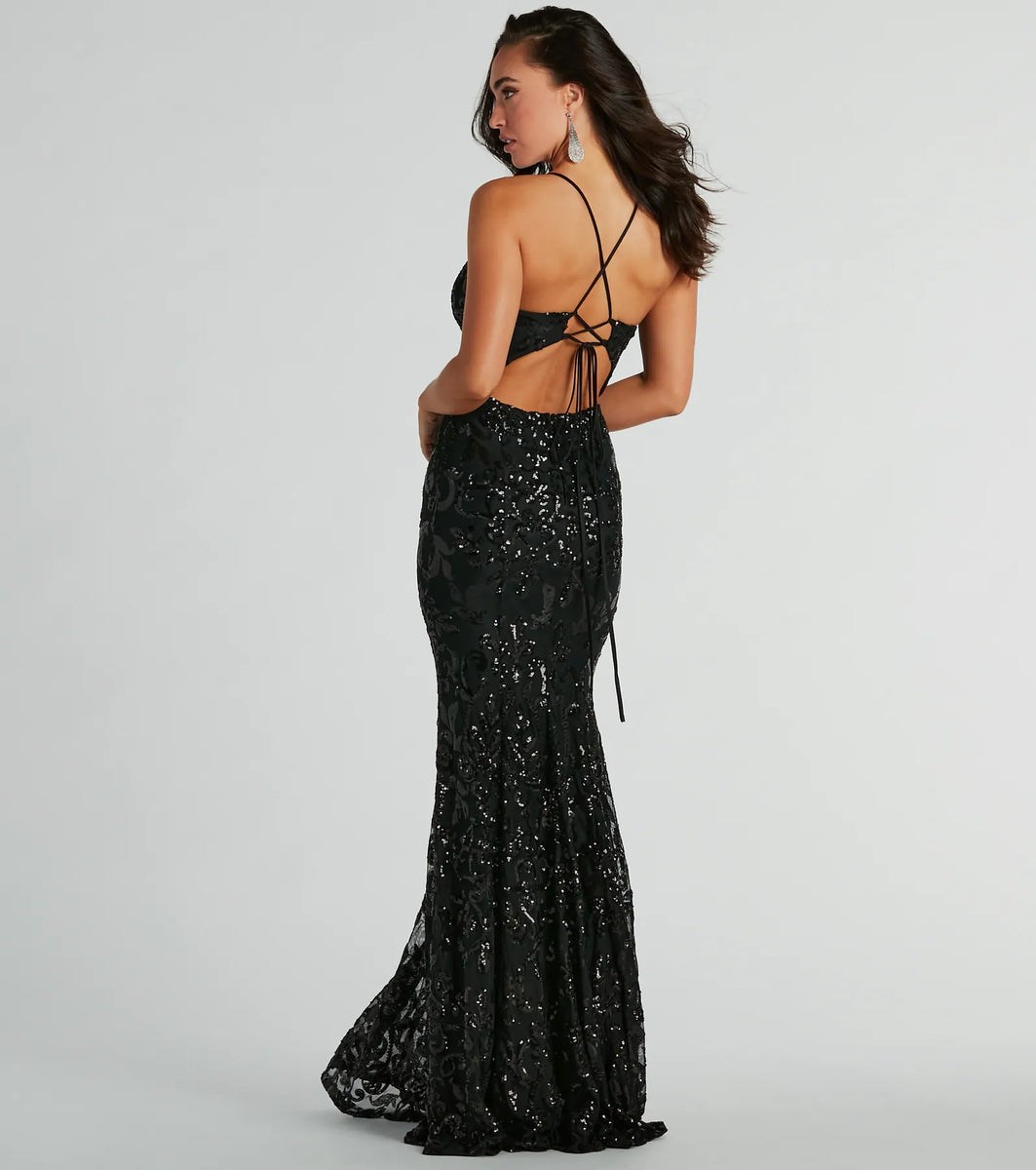 Jovani 38137 Long Prom Dress Sequin Mermaid Tulle Flare Ruffle Train S –  Glass Slipper Formals